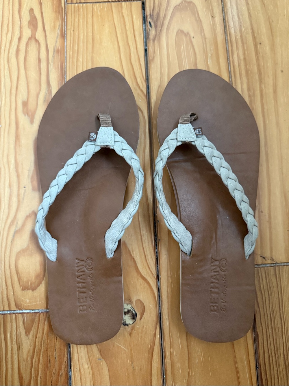 Braided White-Strap Brown Leather Flip Flops
